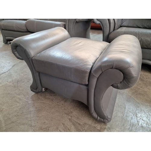 670 - Grey Leather 3-Piece Suite with Matching Footstool; 3-Seater Sofa and 2 x Armchairs with Scroll Arms... 