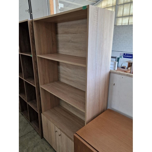 678 - Light Wood Colour 3-Tier Book Case Over Double Cupboard, (Approx. 90 x 35 x 181cm)