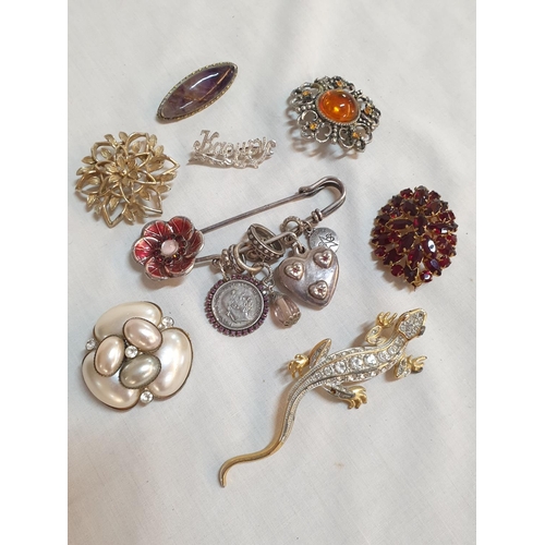 551 - Collection of 8 x Vintage Costume Brooches (1 x Silver .925 Total Weight 2.3grms)