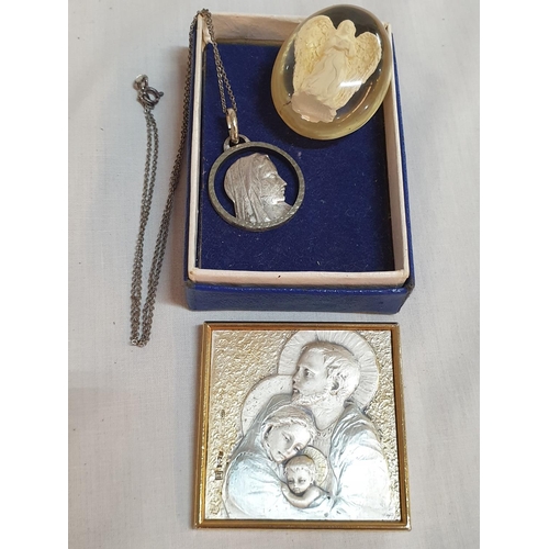 552 - Vintage Gold Tone Framed Miniature Hallmarked  .925 Silver Icon Mary Joseph & Baby Jesus, (Approx. 3... 