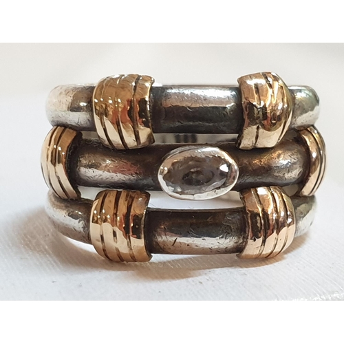 572 - .925 Solid Sterling Silver Hallmarked .585 14k, Gold Banded Ladies Ring with Small Clear Stones, Tot... 