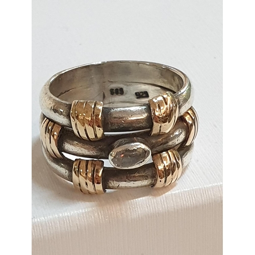 572 - .925 Solid Sterling Silver Hallmarked .585 14k, Gold Banded Ladies Ring with Small Clear Stones, Tot... 