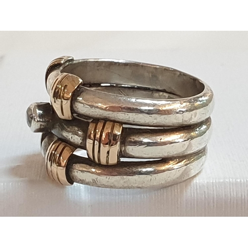 572 - .925 Solid Sterling Silver Hallmarked .585 14k, Gold Banded Ladies Ring with Small Clear Stones, Tot... 