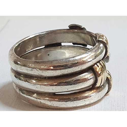 572 - .925 Solid Sterling Silver Hallmarked .585 14k, Gold Banded Ladies Ring with Small Clear Stones, Tot... 