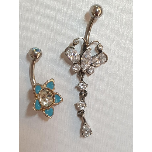 581 - Sterling Silver Hallmarked .925 Belly Button Piercing; 1 x Flower Design and 1 x Crystal Dangling De... 