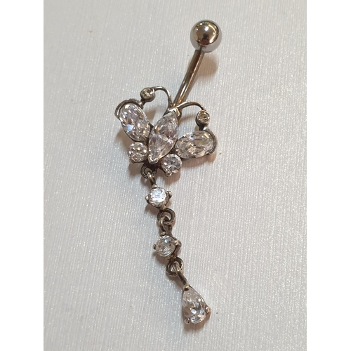 581 - Sterling Silver Hallmarked .925 Belly Button Piercing; 1 x Flower Design and 1 x Crystal Dangling De... 