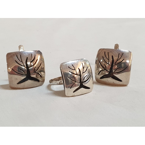 582 - Sterling Silver Hallmarked .925 Russian Ladies Earring / Ring Set with Filigree Tree Pattern, Total ... 