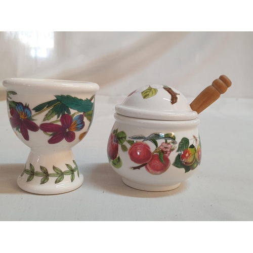 621 - Portmeirion Collection; Bowl / Pot, Honey Jar with Lid and Wooden Spoon, Egg Holder and Hot Plate