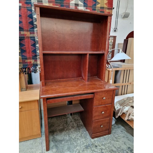 683 - Dark Cherry Colour Wood Effect Desk with 3-Drawers, Keyboard Shelf and Book Case Above, (Approx. 107... 