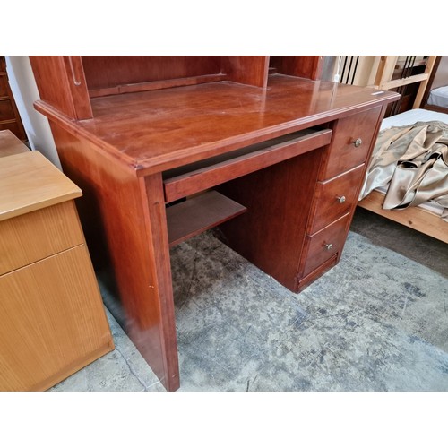 683 - Dark Cherry Colour Wood Effect Desk with 3-Drawers, Keyboard Shelf and Book Case Above, (Approx. 107... 