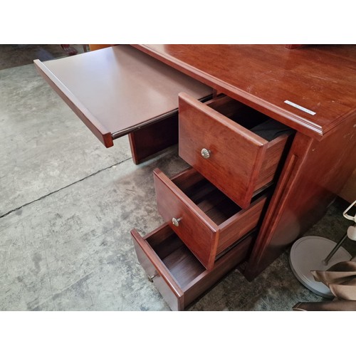 683 - Dark Cherry Colour Wood Effect Desk with 3-Drawers, Keyboard Shelf and Book Case Above, (Approx. 107... 