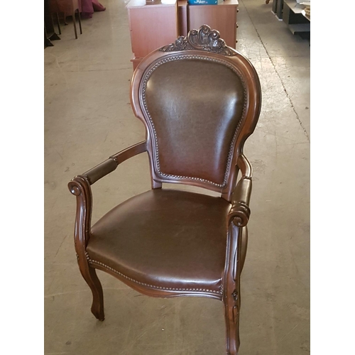 687 - Vintage Style Voltaire Armchair in Dark Wood / Brown Leather Effect Upholstery (A/F)