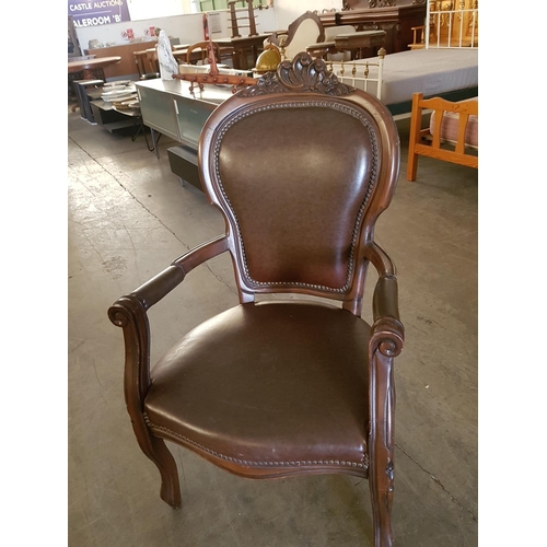 688 - Vintage Style Voltaire Armchair in Dark Wood / Brown Leather Upholstery (A/F)