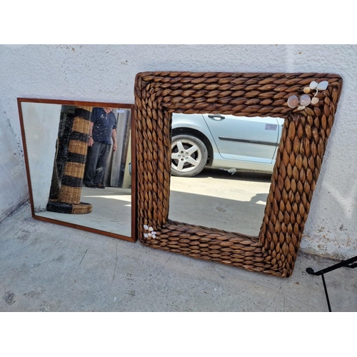 703 - 2 x Mirrors; One with Thick Wicker Surround (Approx. 69 x 79cm) and Wood Framed, (Approx. 66 x 66cm)... 