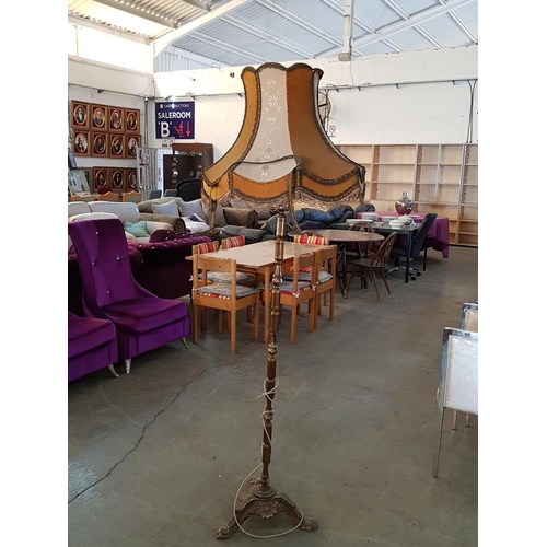 741 - Vintage Circa 50 - 70's Brass Effect Floor Lamp with Embroidery Elements Lame Shade, A/F (H:185cm)