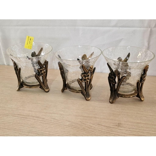 745 - Brass Effect and Cracked Glass Candle holders (3)