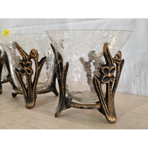 745 - Brass Effect and Cracked Glass Candle holders (3)