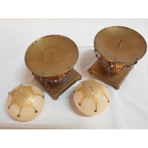 757 - Pair of Classic Style Brass Effect Candle Holders with Candles