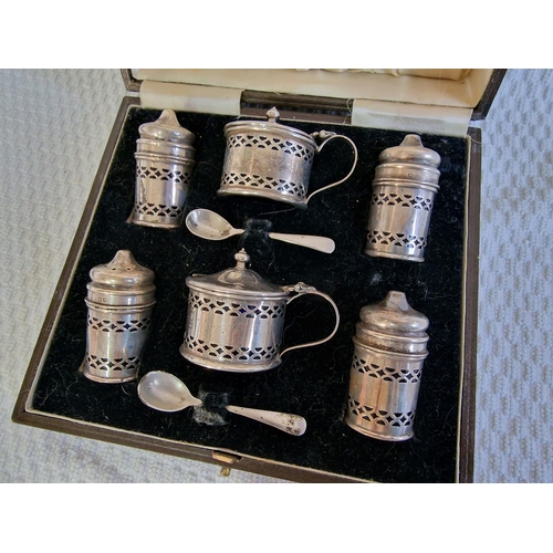 778 - A Fine Cased Sterling Silver Vintage Condiment Set, 6-Piece with Cobalt Blue Glass Liners, Together ... 