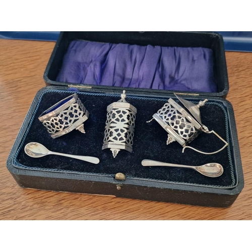 779 - A Fine Cased Sterling Silver Antique Condiment Set; 3-Piece, Hexagonal Shaded Pierced Silver Dishes ... 