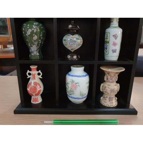 618 - Collection of Mini Chinese Vases / Urns (12) in Wall Standing  Display Unit (8.5 x 26 x 41cm)