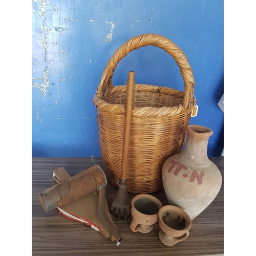 630 - Rustic Collection of Traditional Rural Items Large Basket of Water Jug and Others (x5)