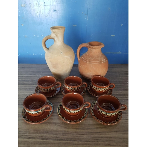 633 - Rustic Collection of Traditional Rural Water / Wine Jugs and Set of Coffee Cups with Saucers in Folk... 