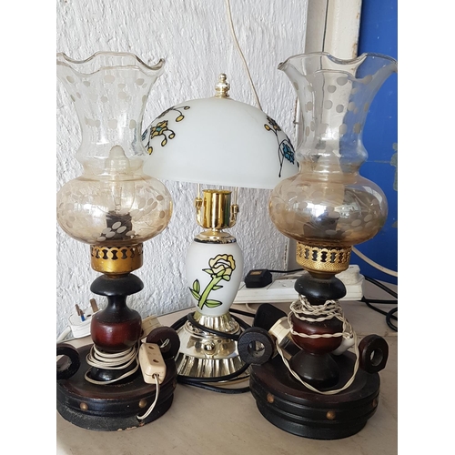 634 - Pair of Retro Style Side Lamps (Wood with Retro Glass Lampshades) and One Other (Un-Tested)