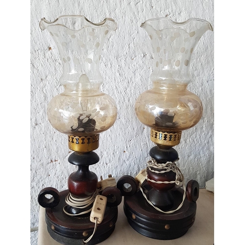 634 - Pair of Retro Style Side Lamps (Wood with Retro Glass Lampshades) and One Other (Un-Tested)