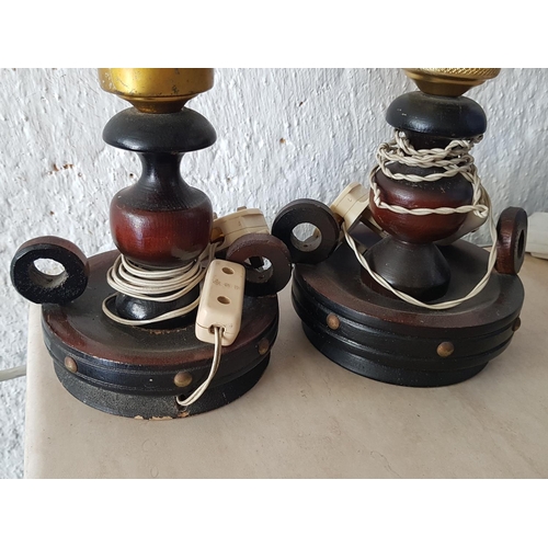 634 - Pair of Retro Style Side Lamps (Wood with Retro Glass Lampshades) and One Other (Un-Tested)