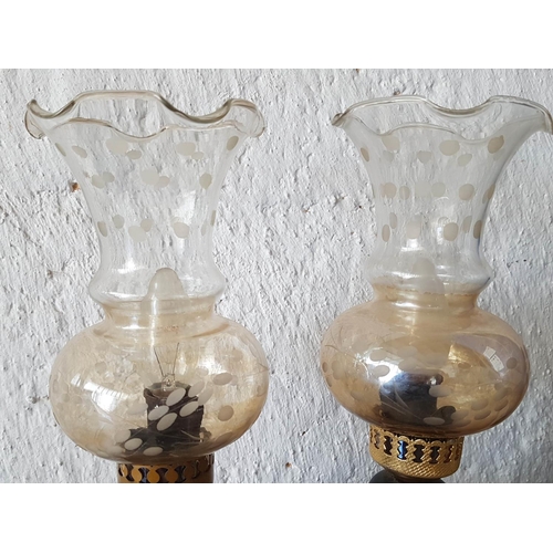 634 - Pair of Retro Style Side Lamps (Wood with Retro Glass Lampshades) and One Other (Un-Tested)