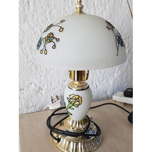 634 - Pair of Retro Style Side Lamps (Wood with Retro Glass Lampshades) and One Other (Un-Tested)