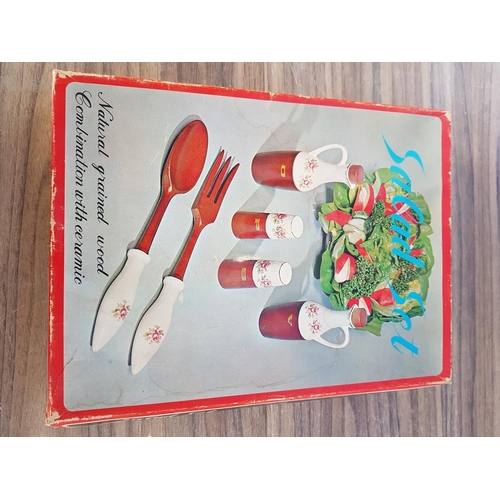 635 - Retro Kitchen Items inc; Ceramic / Wood Salad Set and Glass Dessert Bowls Set