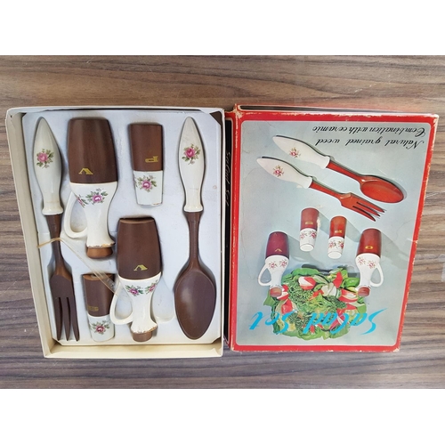 635 - Retro Kitchen Items inc; Ceramic / Wood Salad Set and Glass Dessert Bowls Set