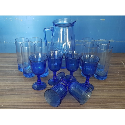 641 - Blue Glass Water / Wine Set; Large Water Jug with 8 x Glasses Together with 6 x Wine Goblets