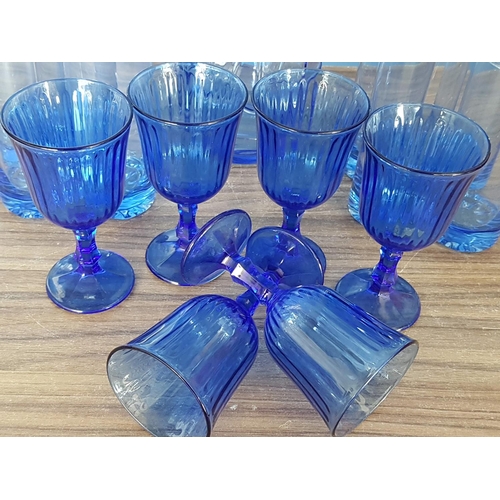 641 - Blue Glass Water / Wine Set; Large Water Jug with 8 x Glasses Together with 6 x Wine Goblets