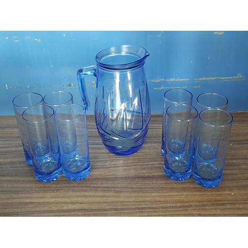 641 - Blue Glass Water / Wine Set; Large Water Jug with 8 x Glasses Together with 6 x Wine Goblets