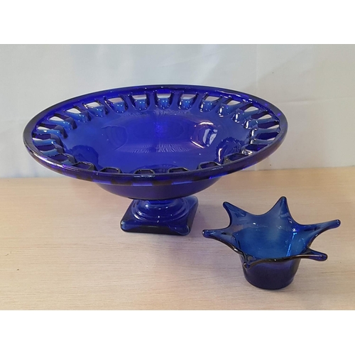 652 - Blue Glass Large Pedestal Bowl (Ø41cm x H:18cm) Together with Star Shape Bowl (Ø18cm x H:8cm)