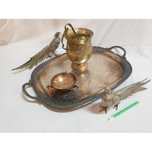 656 - Vintage Style Silver Plated Collection with Matching Tong, Small Sweet Bowl and Couple of Pheasants ... 