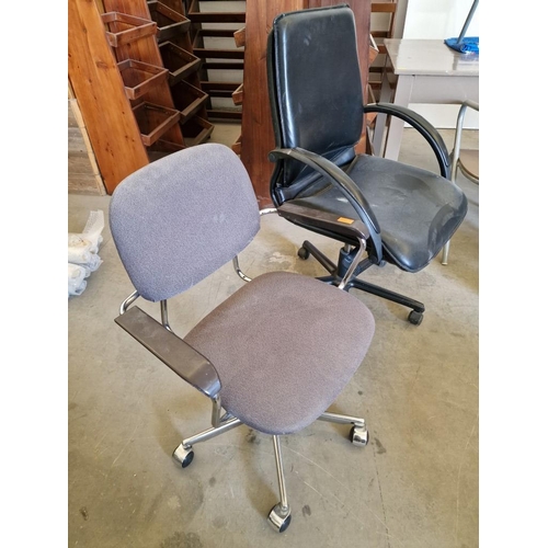 63 - 2 x Office Swivel Arm Chairs; Grey Fabric and Black Leatherette, (2)