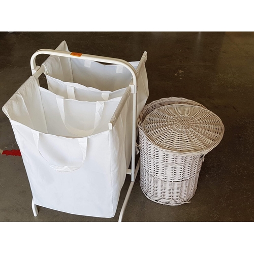 94 - Laundry Baskets; 2 x Small Bathroom Baskets, Round White Finished Wicker and White Finished Metal / ... 