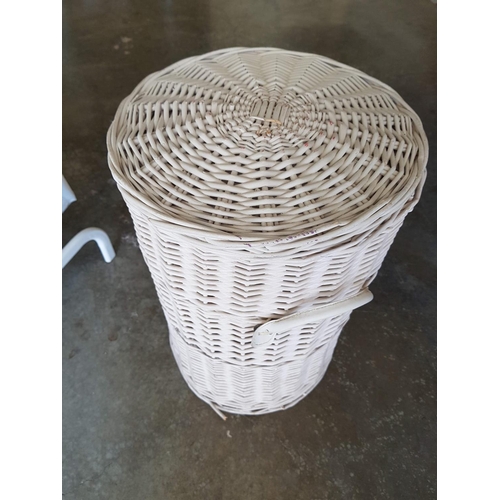 94 - Laundry Baskets; 2 x Small Bathroom Baskets, Round White Finished Wicker and White Finished Metal / ... 