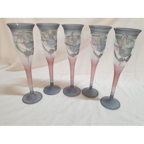 128 - Set of 5 x Art Glass Champagne / Wine Glasses, Signed b Designer