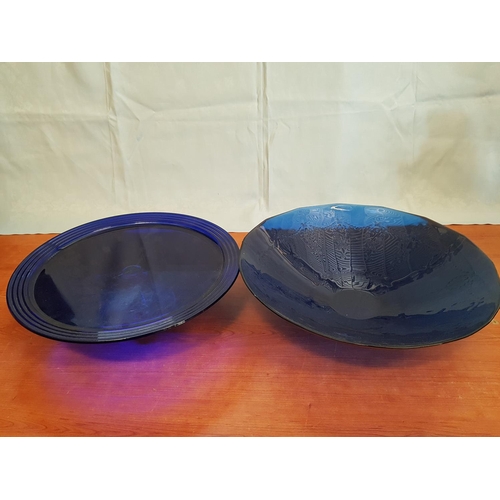 175 - Blue Glass Tableware Large Cake Stand (Ø35 x H:9.5cm) and Huge Bowl / Dish (Ø39.5cm)