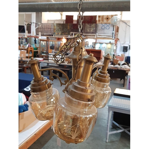 177 - Brass Effect Vintage Chandelier, 3 - Arms with Amber Engraved Glass Lamp Shades