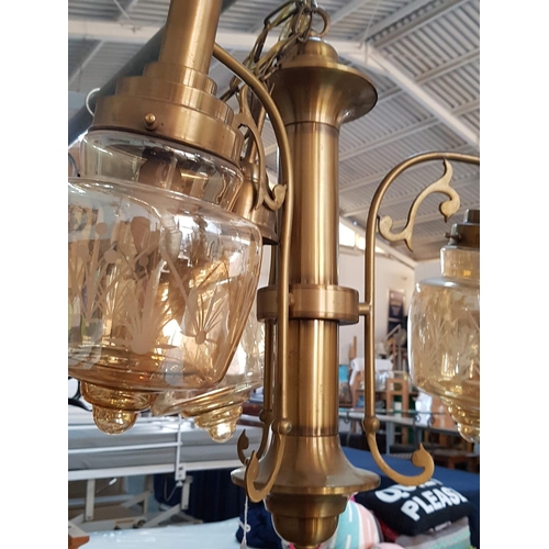 177 - Brass Effect Vintage Chandelier, 3 - Arms with Amber Engraved Glass Lamp Shades