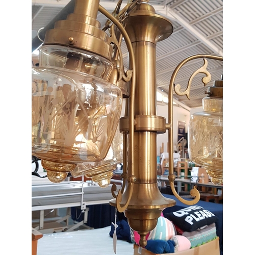 177 - Brass Effect Vintage Chandelier, 3 - Arms with Amber Engraved Glass Lamp Shades