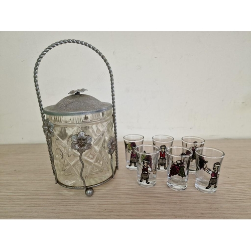 193 - Glass Vase in Decorative White Metal Stand with Lid and Carrying Handle, Together with Set of 6 x Ha... 