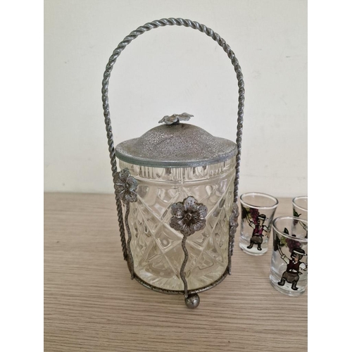 193 - Glass Vase in Decorative White Metal Stand with Lid and Carrying Handle, Together with Set of 6 x Ha... 