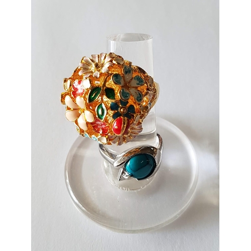 218 - Fancy Rings with Floral Pattern, Size M and Decorated with Turquoise Stone, Size R Believed to be St... 